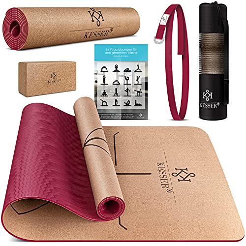 KESSER® Yogamatte Kork Inkl. Tragegurt Tasche & Yoga-Block Gymnastikmatte rutschfest aus...