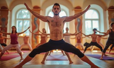 Mann beim Yoga Kurs mit halb langer Yoga Hose
