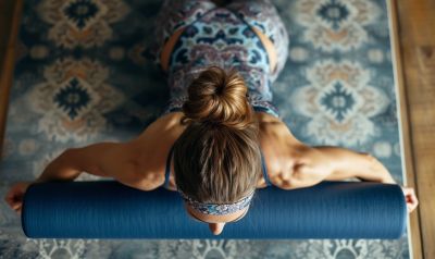 Frau macht Yoga mit Yoga Bolster mit Kapukfüllung