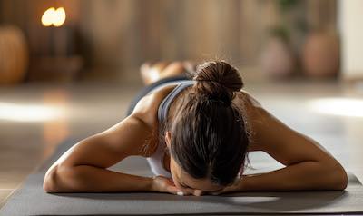 Frau macht Yoga-Übung gegen Nackenschmerzen