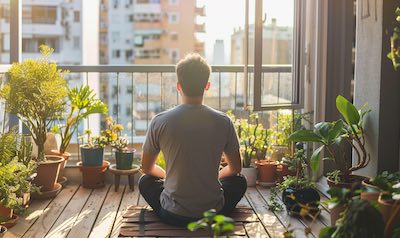 meditation auf der terrasse am morgen