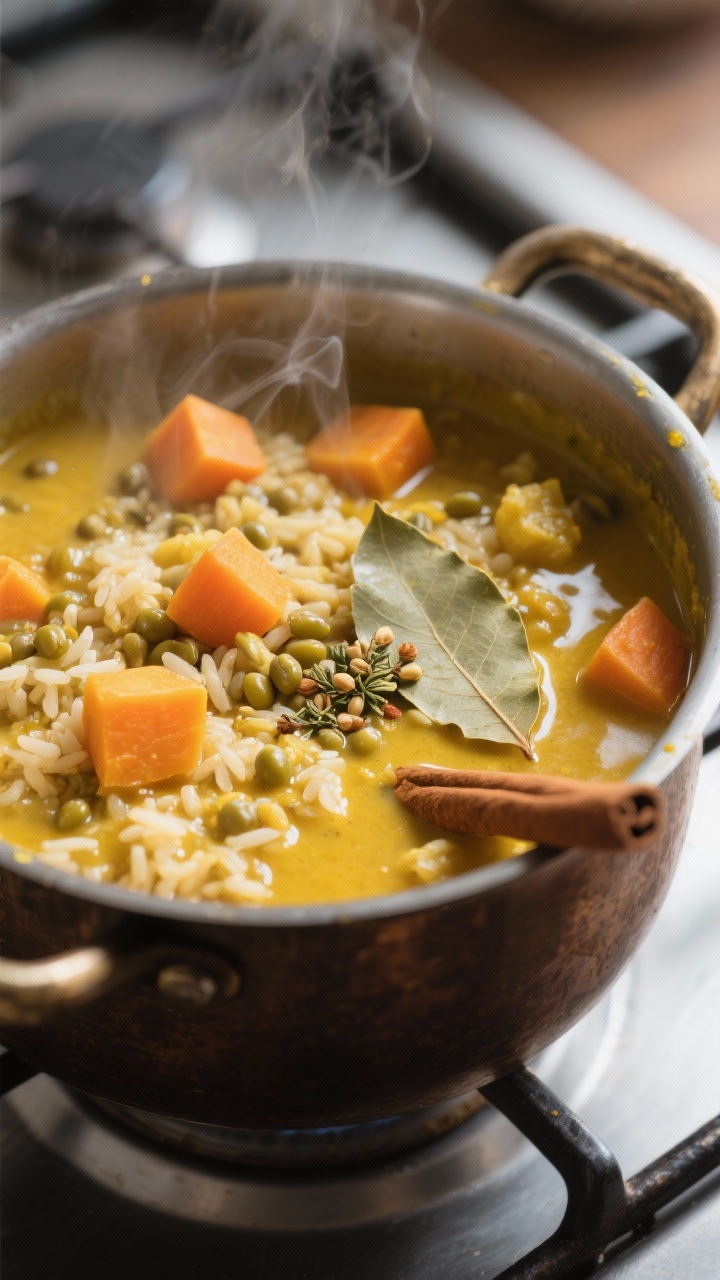 Close-up detail: A creamy winter Kitchari simmered to perfection in a heavy pot, showing tender cube