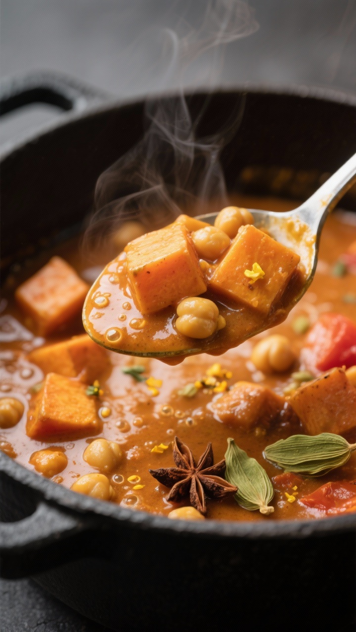 Close-up detail: A glossy, simmering spoonful of the cooked Süßkartoffel-Kichererbsen-Curry lifted