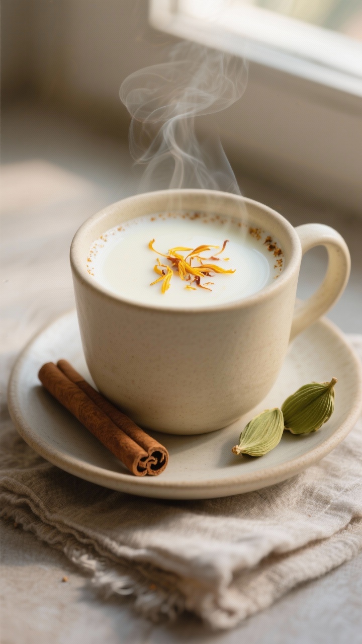Close-up detail: A steaming mug of Ayurvedische Winter-Gewürzmilch (Vata Calm Milk) just after simm