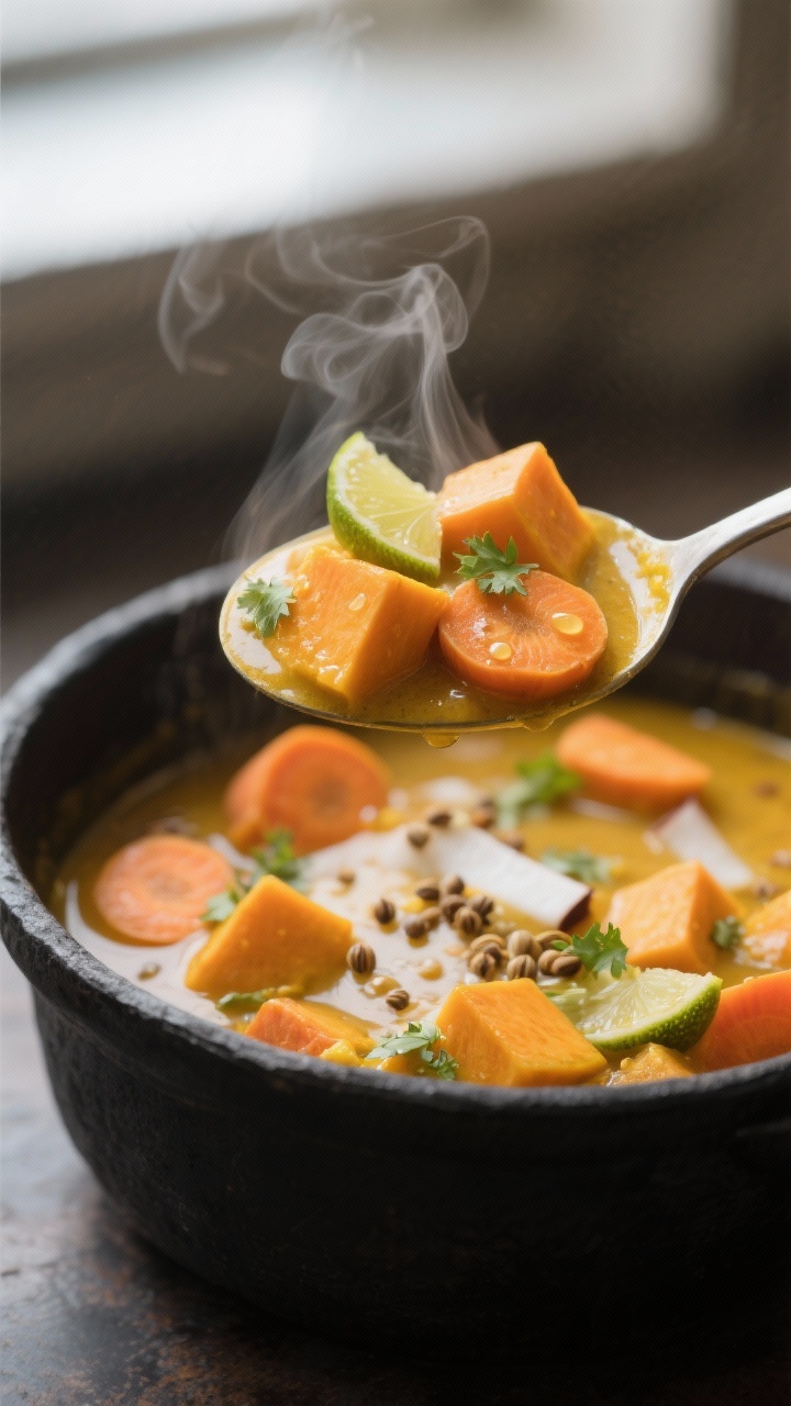 Close-up detail: A steaming spoonful of ayurvedic pumpkin-coconut stew lifted just above the pot, sh