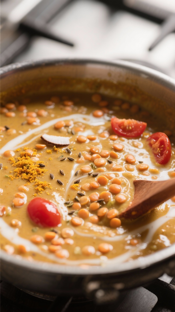 Close-up detail: Creamy golden red lentil dal simmering in a saucepan, visible soft-broken lentils w