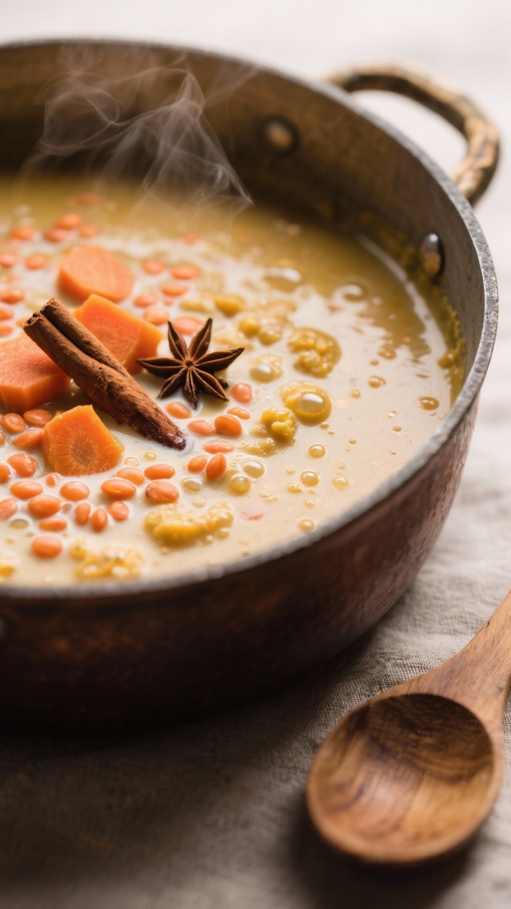 Close-up detail: Creamy weihnachtliches ayurvedisches Linsen-Dal simmering in a heavy-bottomed pot,