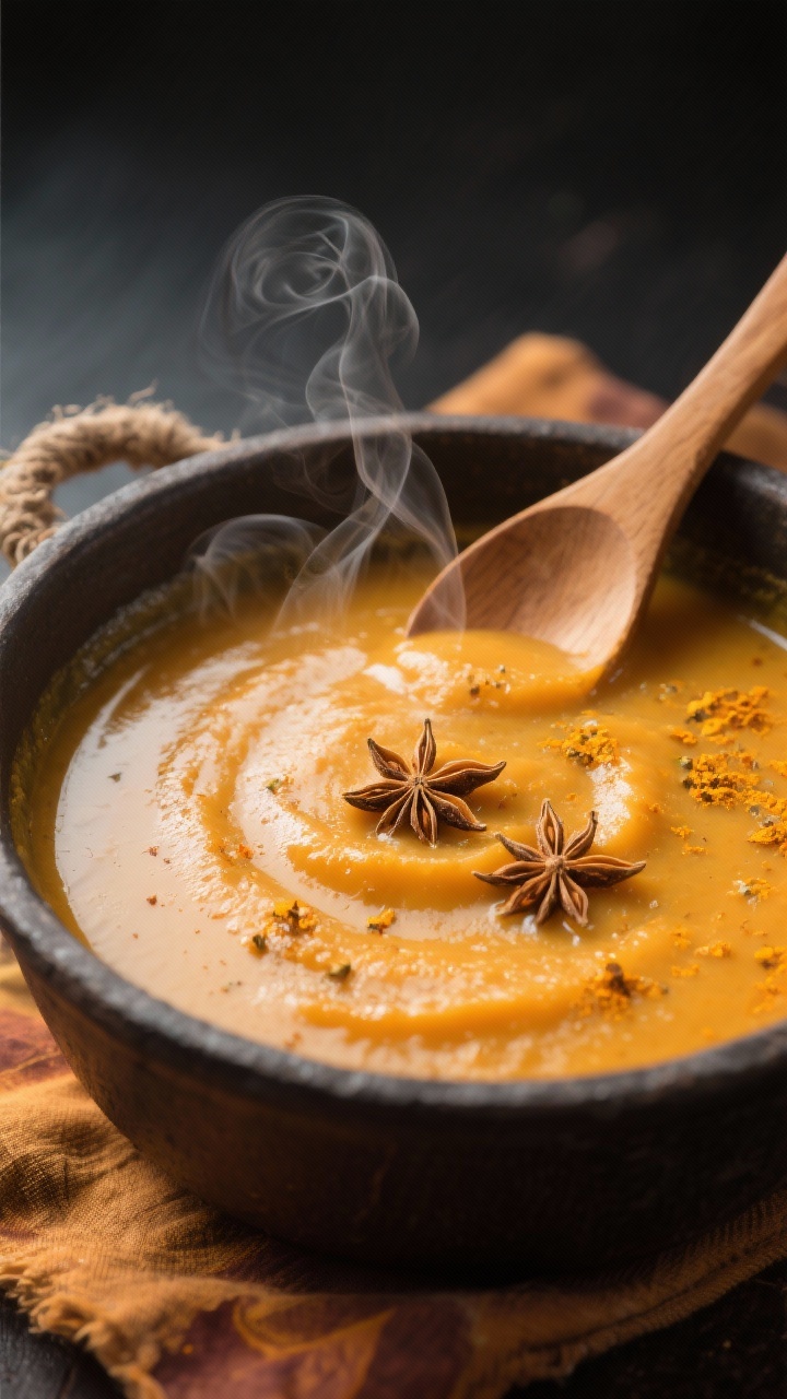 Close-up-Detail: Cremig pürierte Herbst-Ayurveda-Suppe im Topf, samtige Textur mit feinem Glanz der