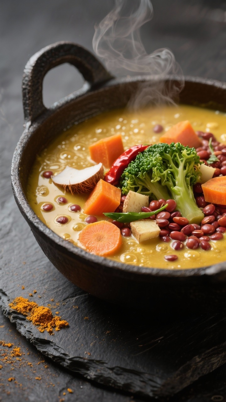 Close-up detail: Cremiger ayurvedischer Linsen-Kokos-Eintopf beim Köcheln im schweren Gusseisentopf