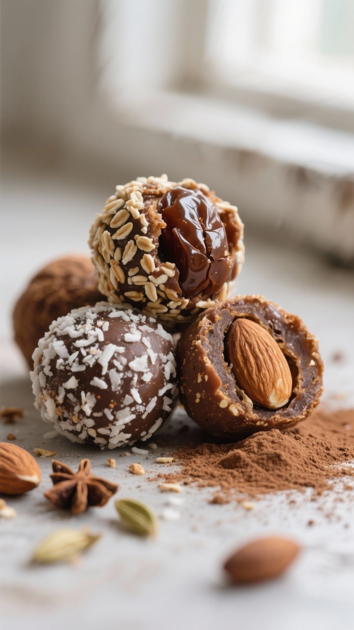 Close-up detail: Freshly rolled Spekulatius-Energy-Balls (walnut-sized) with a mix of coatings—hal