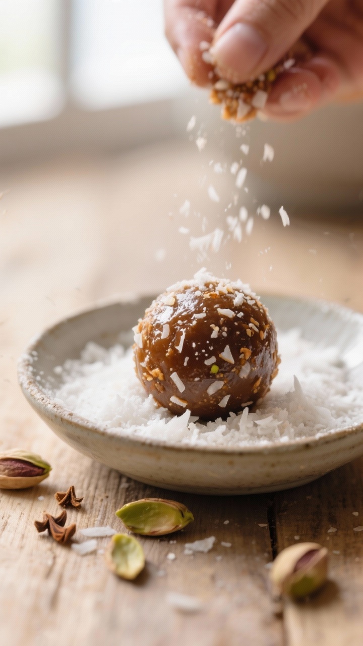 Close-up detail: Freshly rolled Zimt-Kardamom-Kokos-Ladoos being coated in a shallow dish of feine K