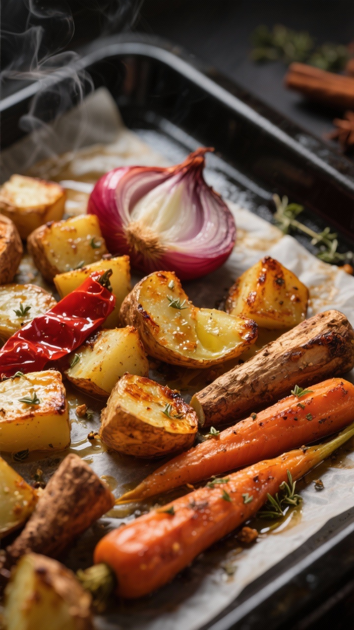 Close-up-Detail: Geröstetes Wurzelgemüse frisch aus dem Ofen – karamellisierte Ränder an Süßk