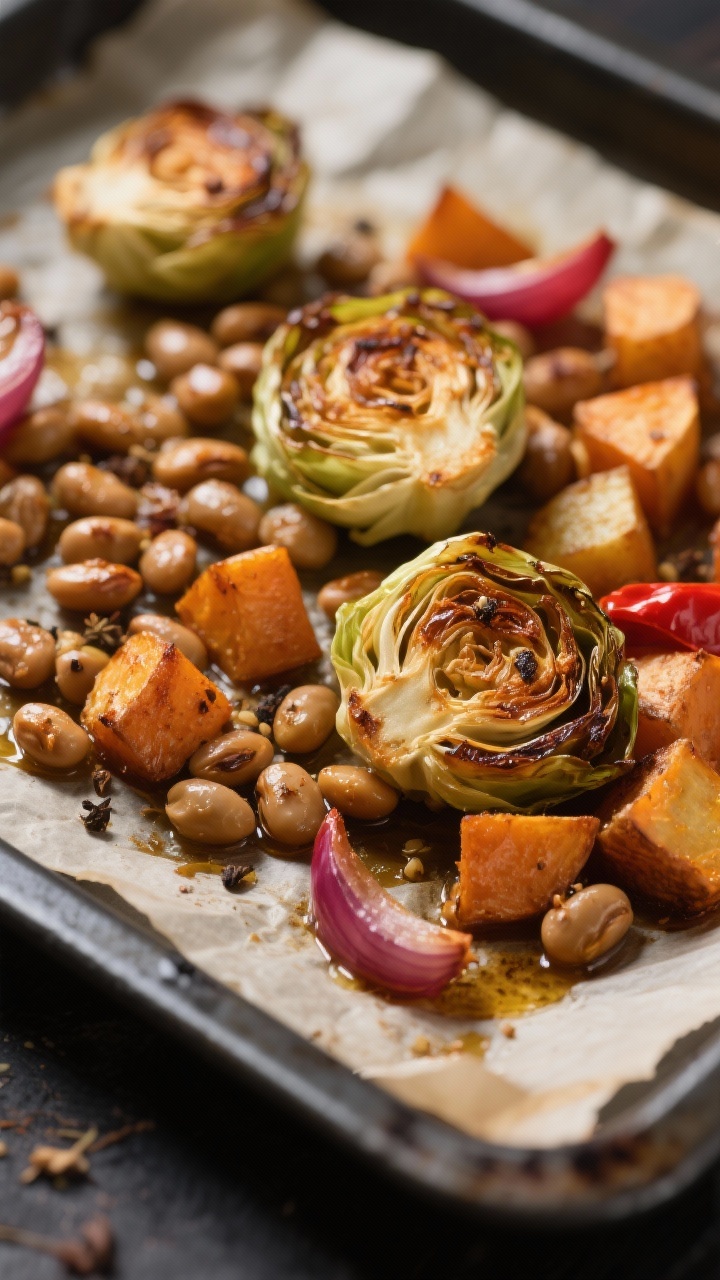 Close-up detail: Knusprig geröstete Kichererbsen, halbierte Rosenkohlröschen mit dunkelgoldener Br