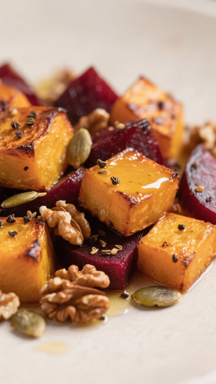 Close-up detail of warm, oven-roasted Hokkaido pumpkin cubes and beet wedges glistening with ghee, a
