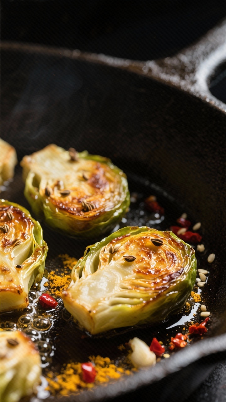 Close-up detail: Searing Brussels sprouts halves face-down in a heavy cast-iron pan, deep golden-bro