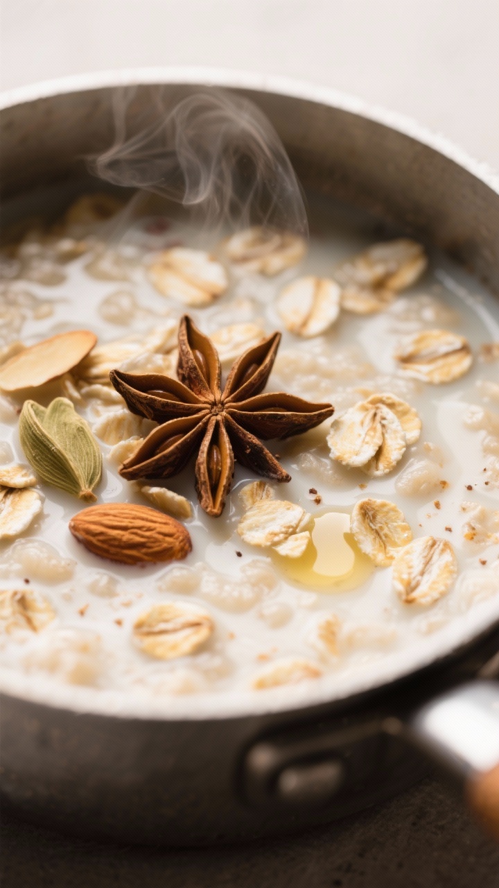Close-up detail shot of creamy ayurvedisches Winter-Chai-Porridge simmering in a small saucepan: oat