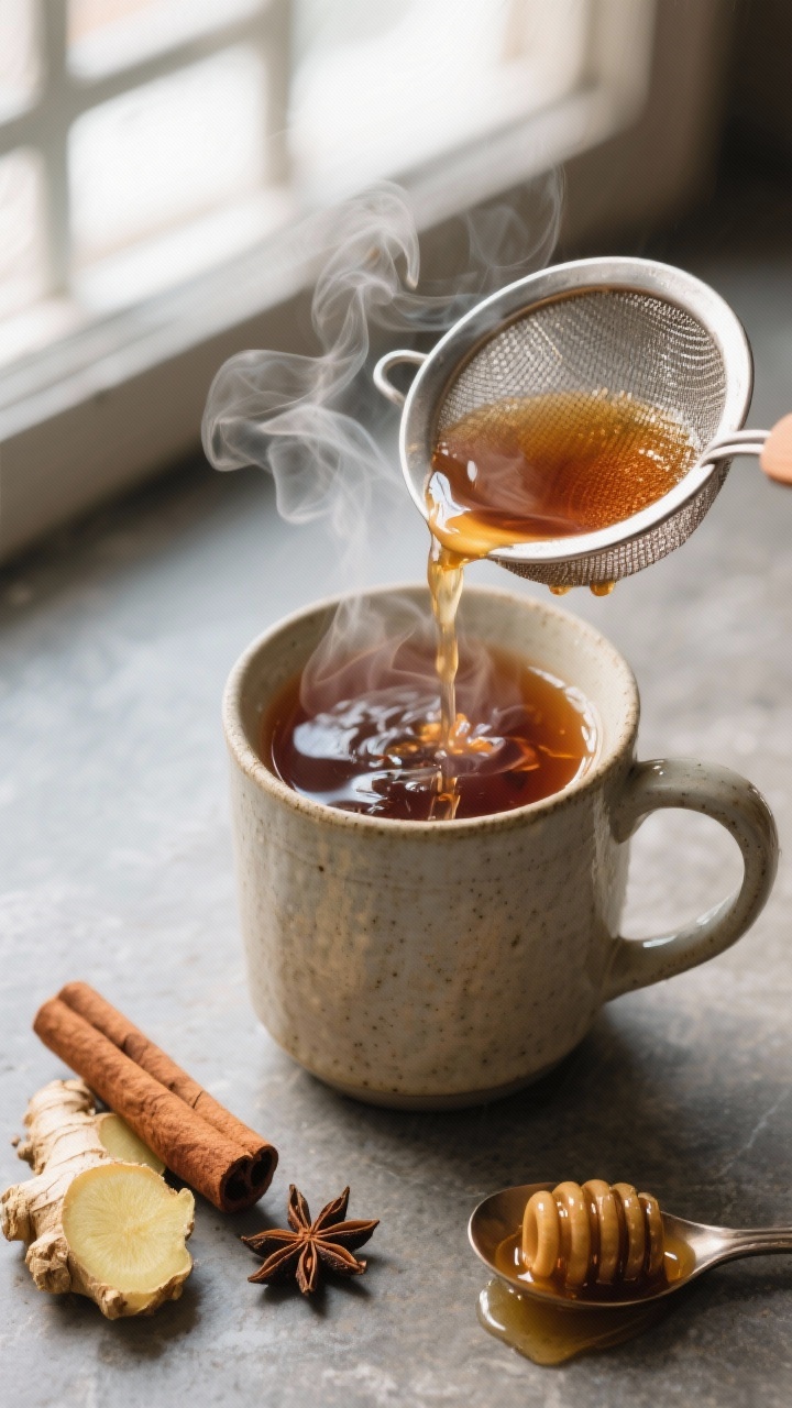 Close-up detail shot: Steam-kissed Ayurvedic winter tea just after simmering, amber-brown liquid bei