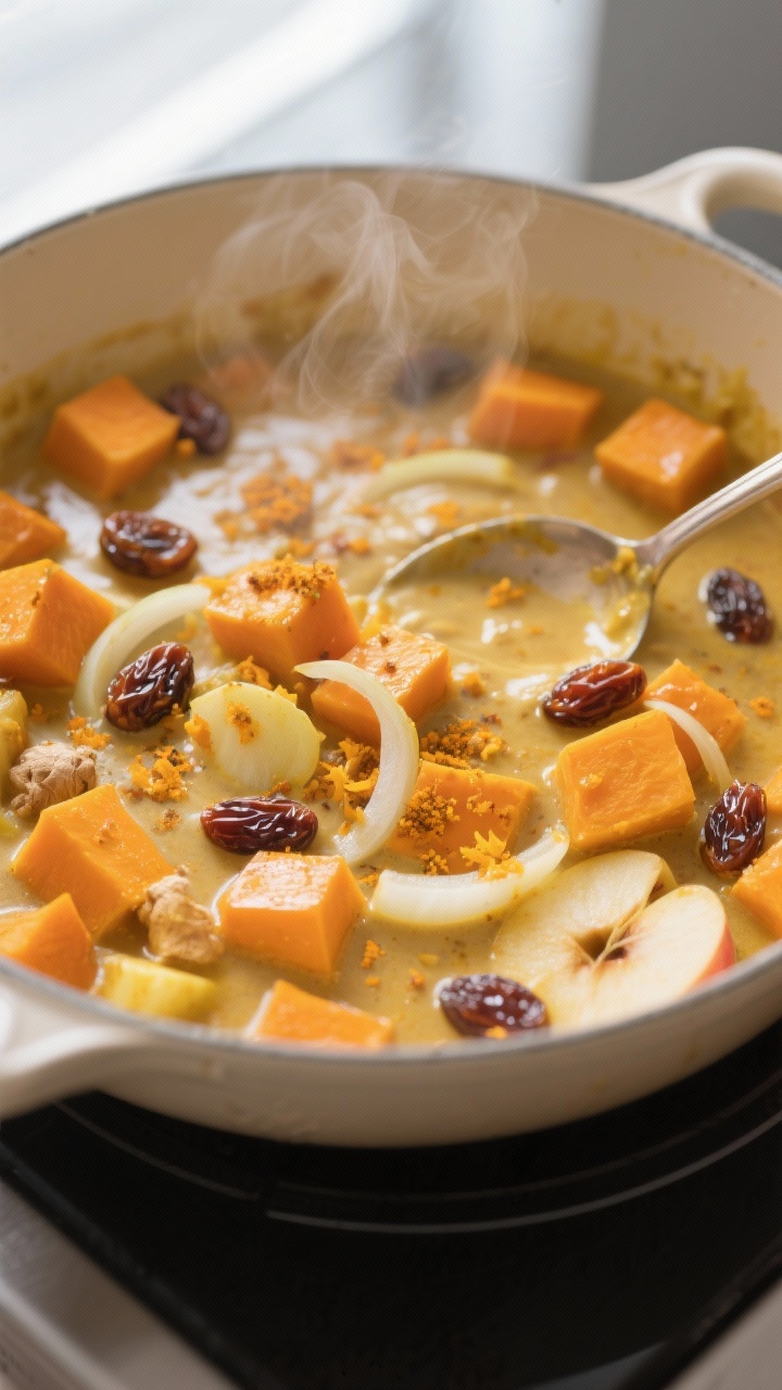 Close-up detail: Silky Kürbis-Apfel-Curry simmering in a wide, shallow pot, pumpkin cubes just tend