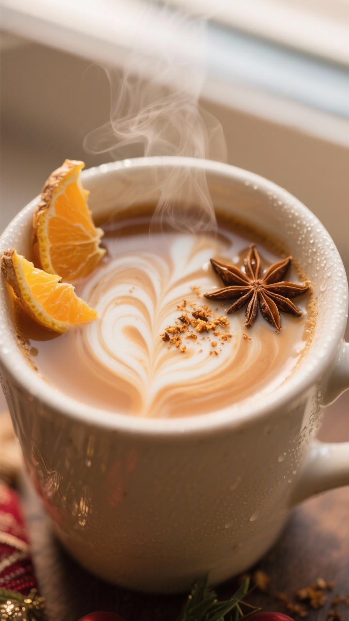 Close-up detail: Steam-kissed ayurvedischer Weihnachts-Chai just after abseihen, creamy milk swirl m