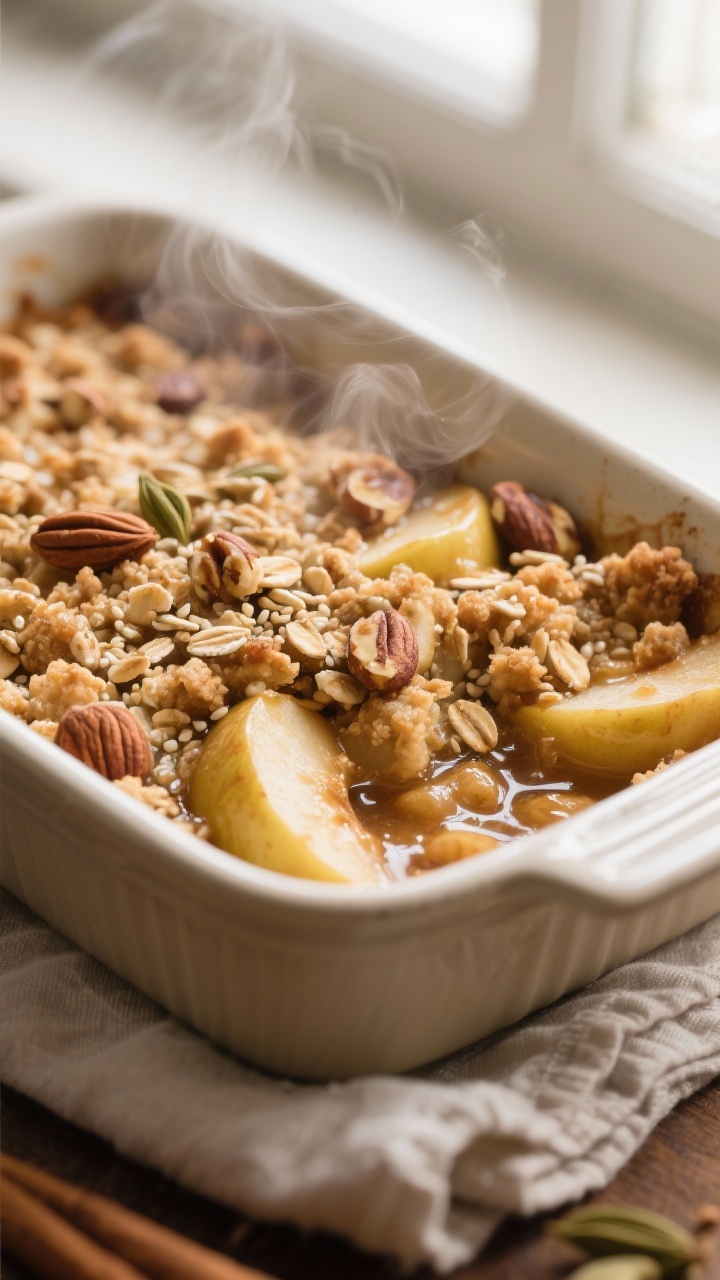 Close-up detail: Warm Ayurvedic apple crumble just out of the oven, bubbling cinnamon-cardamom apple