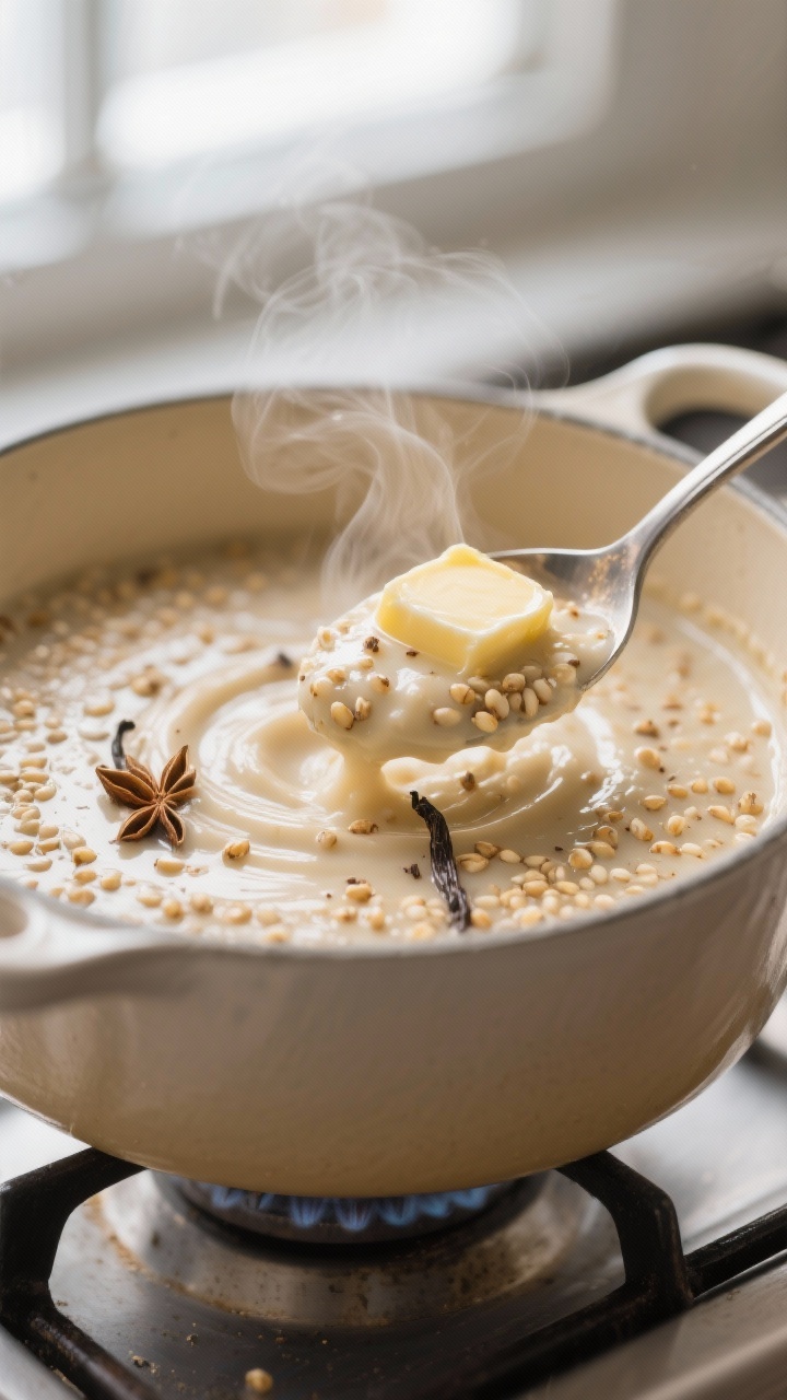 Close-up detail: Warm kardamom-millet pudding just off the stove, spoon swirling through ultra-cream