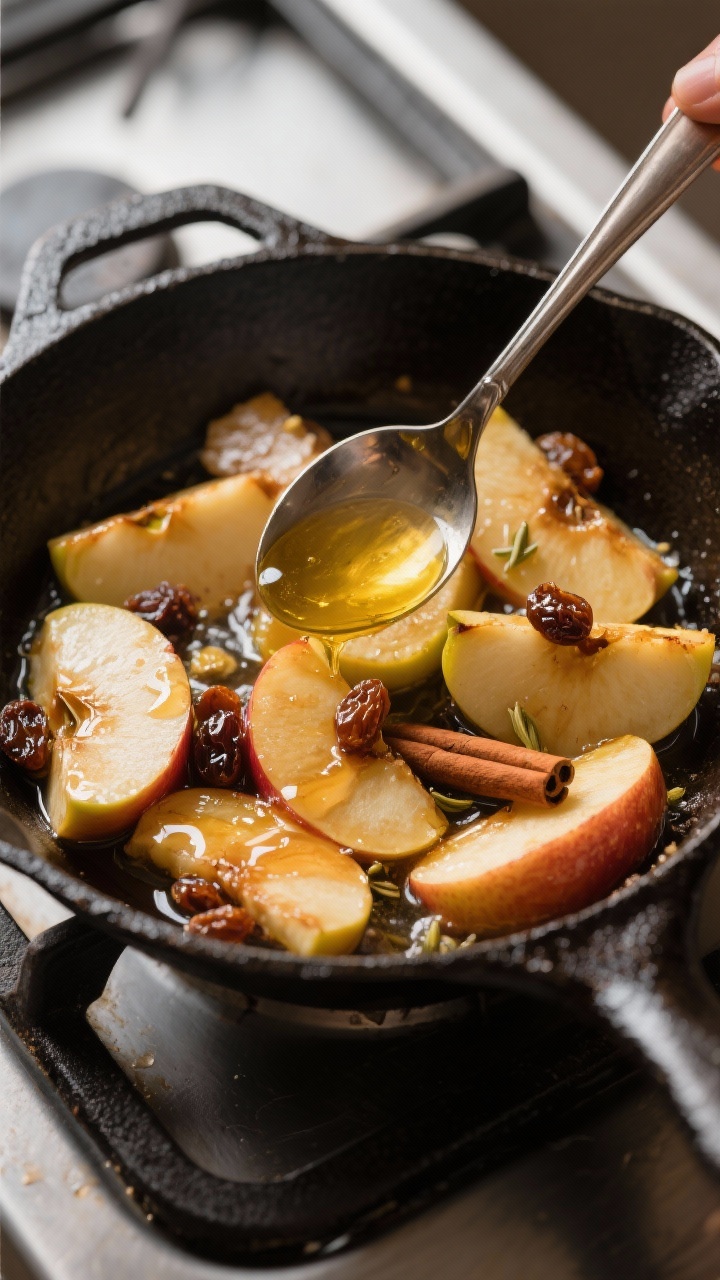 Cooking process: Apples being gently sautéed in melted ghee in a cast-iron skillet—softened Bosko