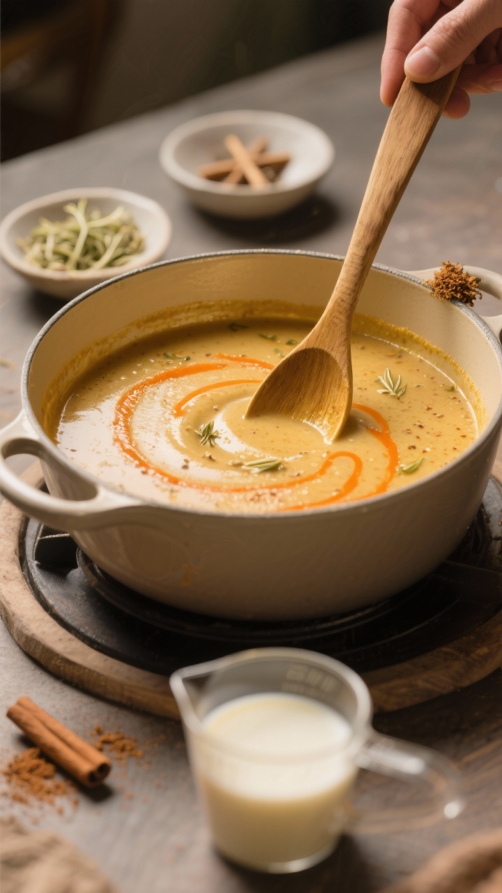 Cooking-Process Beauty: Sanftes Köcheln der fast fertigen Suppe im breiten Schmortopf, sämige Kons