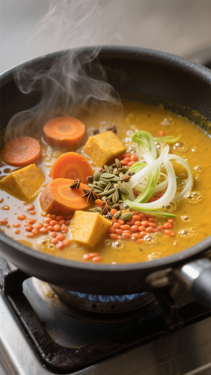 Cooking process close-up: A deep saucepan on the stove with the winterliche Ayurveda Suppe gently si