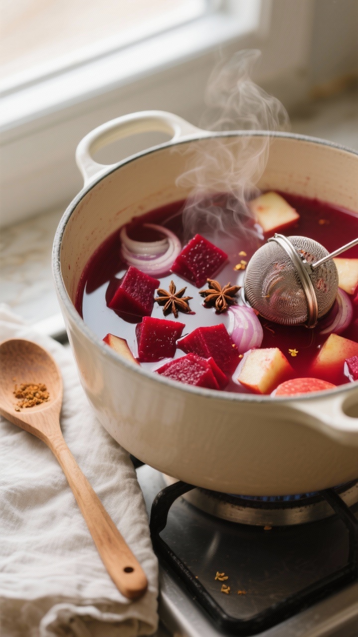 Cooking process close-up: A medium pot with simmering, cubed cooked beetroot and apple in a ruby-red