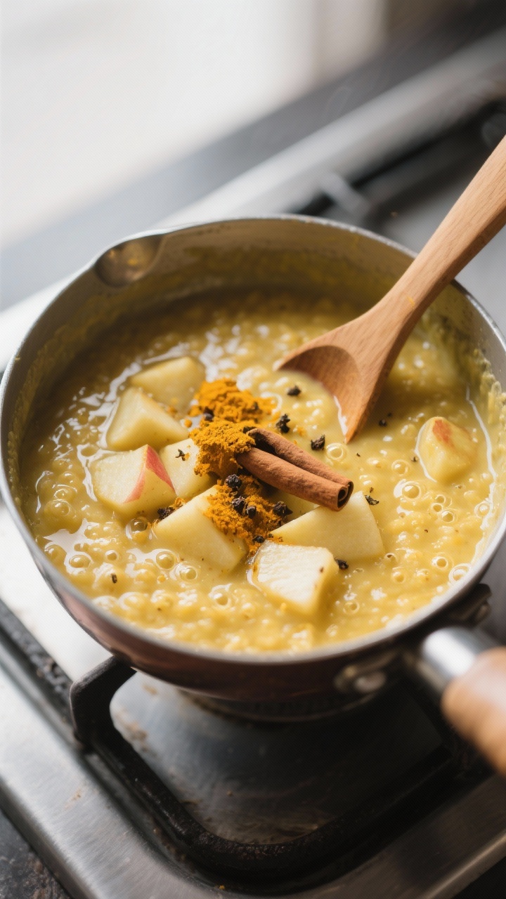 Cooking process, close-up: Close-up of a small saucepan of creamy, simmering Ayurveda-Kurkuma-Porrid