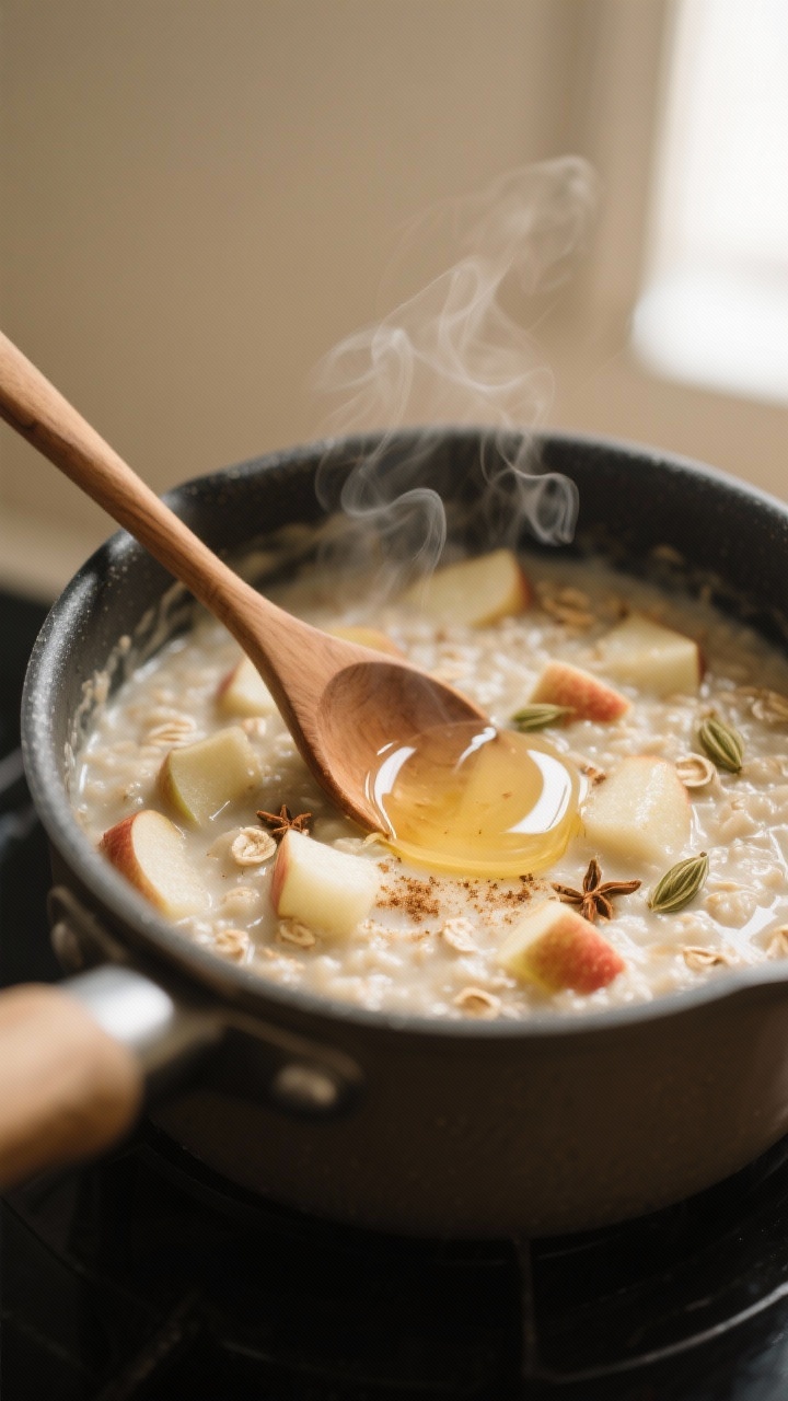 Cooking process close-up: In a small saucepan, apple-cinnamon-cardamom porridge gently simmering, cr