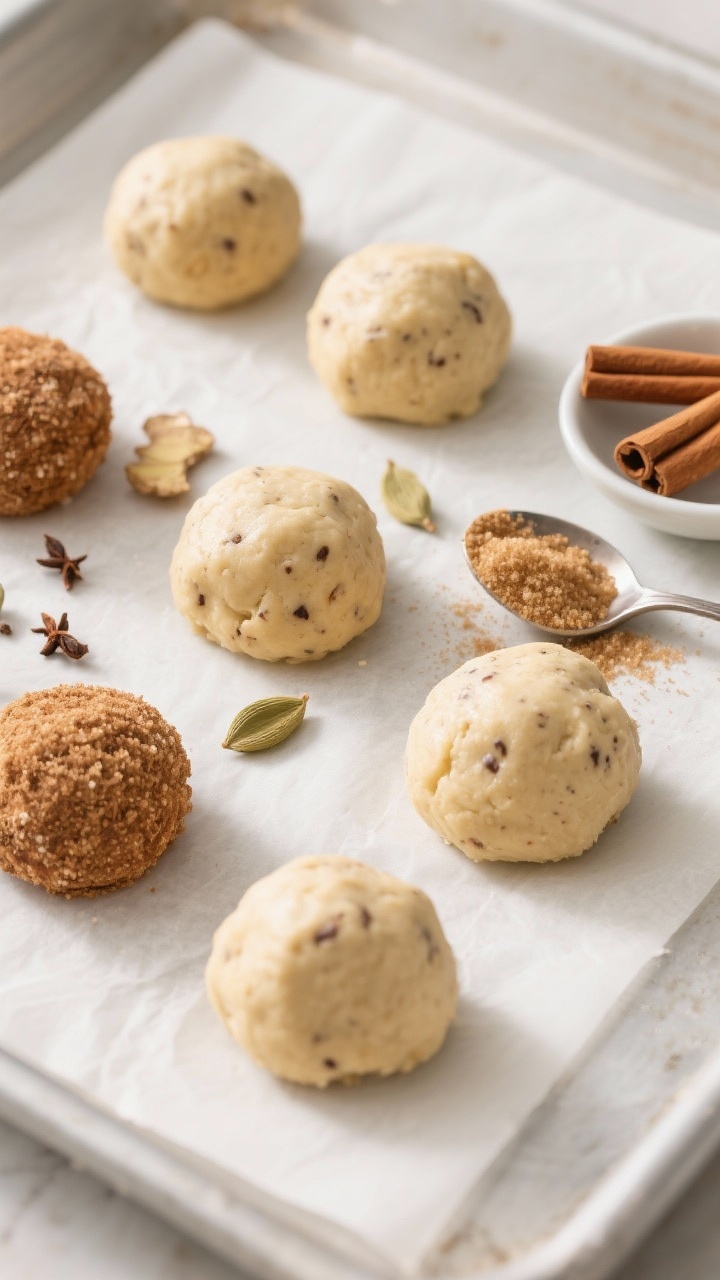 Cooking process: Overhead shot of formed, walnut-sized dough balls gently flattened on parchment bef