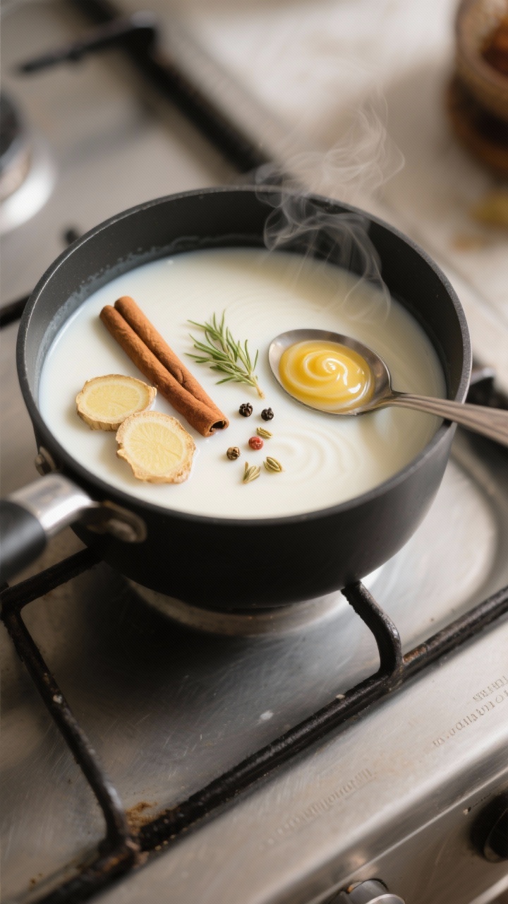 Cooking process: Overhead shot of the milk gently simmering in a small matte-black saucepan, showing