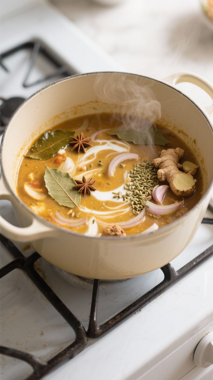 Cooking process: Overhead shot of the stew gently simmering in a wide, cream-colored Dutch oven duri