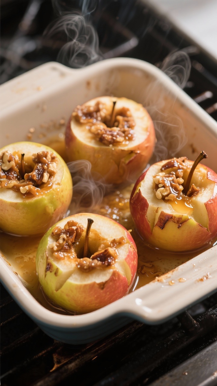 Cooking process scene: four cored apples standing snug in a small baking dish mid-bake at 180 °C, t