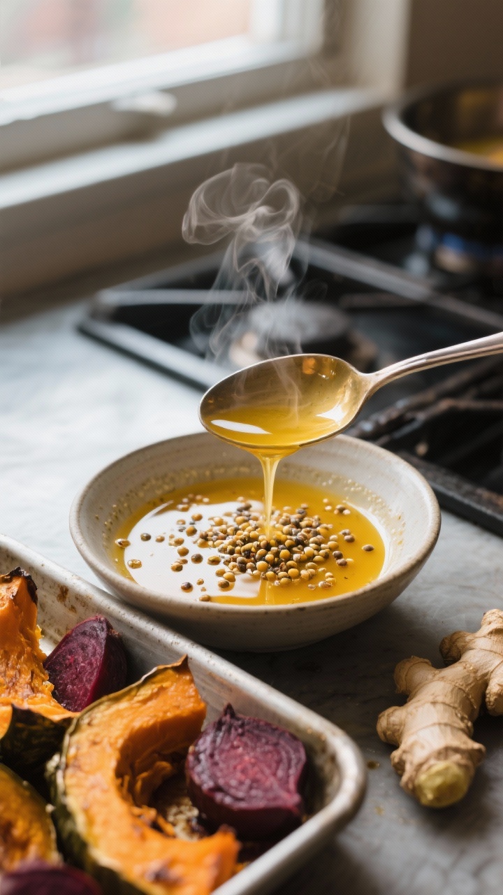 Cooking process scene: the warm spice tempering being poured over the mixed dressing in a small bowl