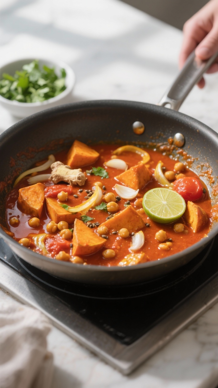 Cooking process: The curry mid-cook in a wide, heavy skillet after liquids have been added—rich or