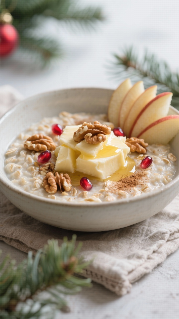 Final dish beauty shot: A bowl of Ayurvedic Christmas porridge plated in a matte off-white ceramic b