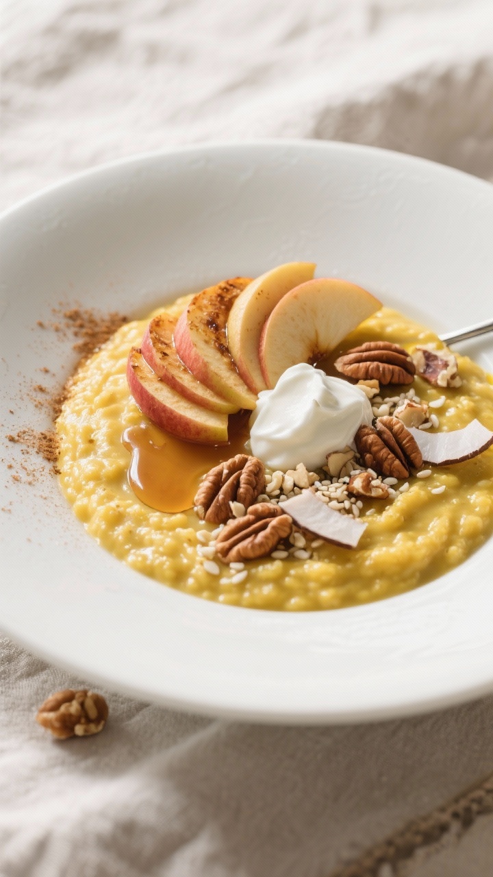 Final dish, plated: Beautifully plated bowl of creamy turmeric porridge topped with a fan of tender