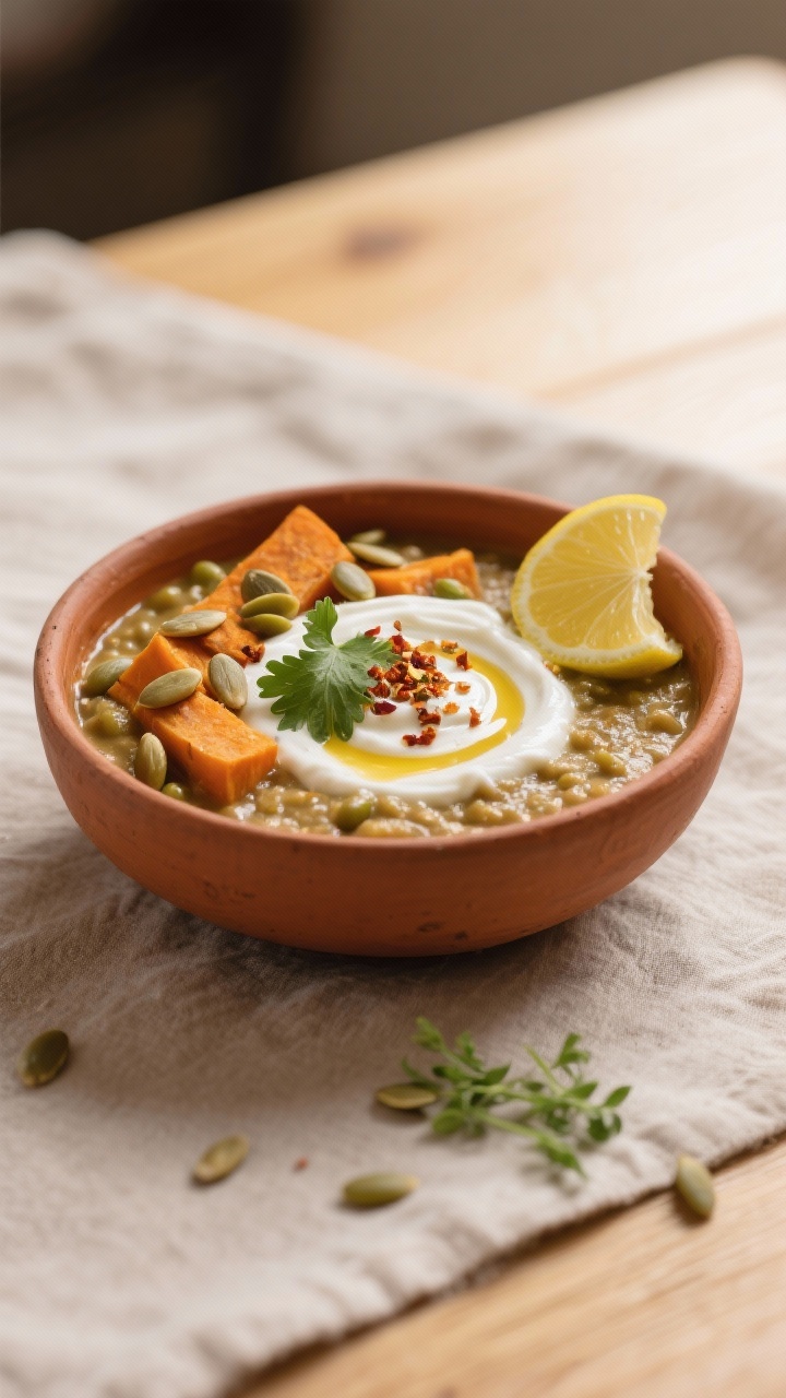 Final dish presentation: Ayurvedic Mungbohnen-Winterbowl beautifully plated in a warm ceramic bowl;
