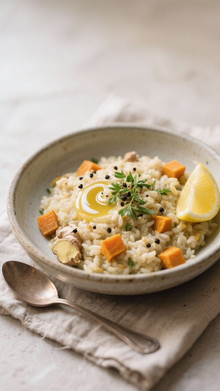 Final dish presentation: Beautifully plated Ayurvedischer Winter-Kitchari in a wide, shallow ceramic