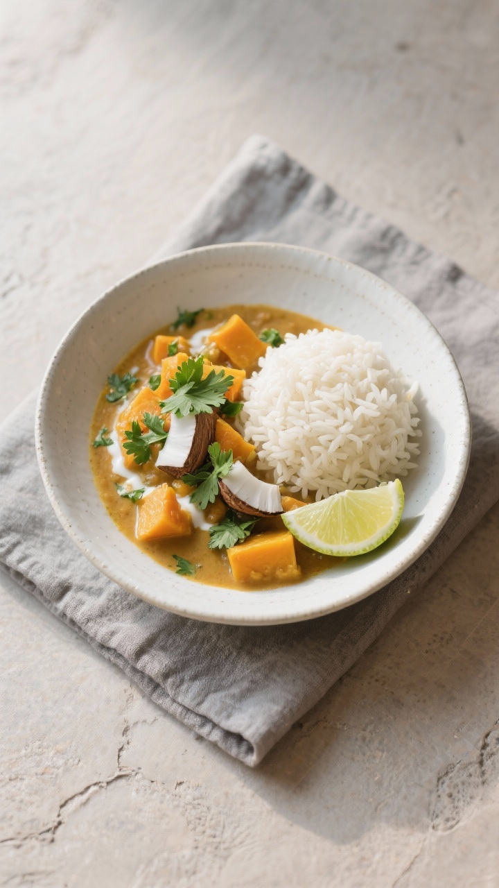 Final dish presentation: Beautifully plated ayurvedic Kürbis-Kokos-Eintopf in a shallow white bowl,