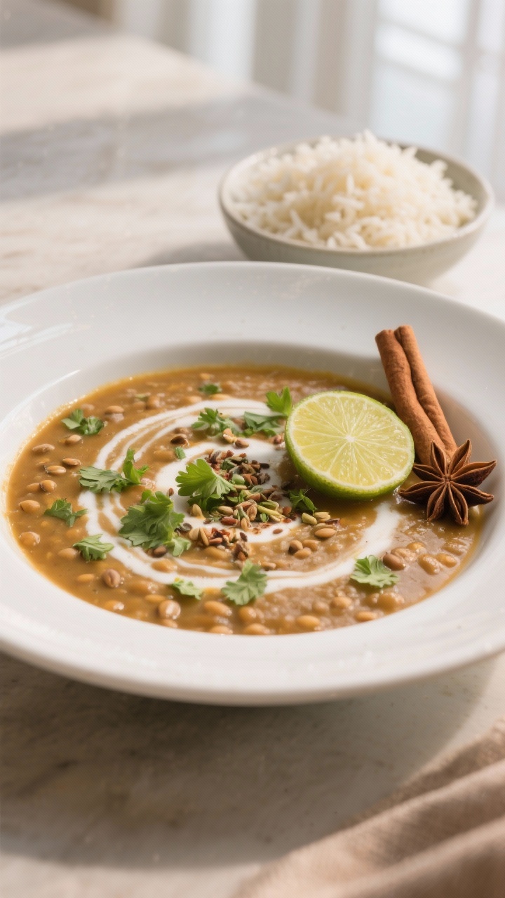 Final dish presentation: Beautifully plated Linsen-Dal in a wide matte-white bowl, silky coconut-ric