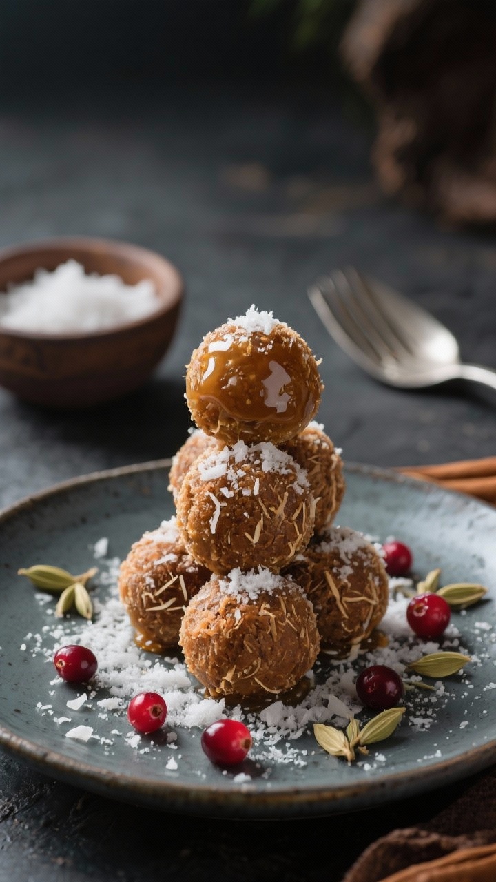 Final dish presentation: Beautifully plated Zimt-Kardamom-Kokos-Ladoos stacked as a small pyramid on