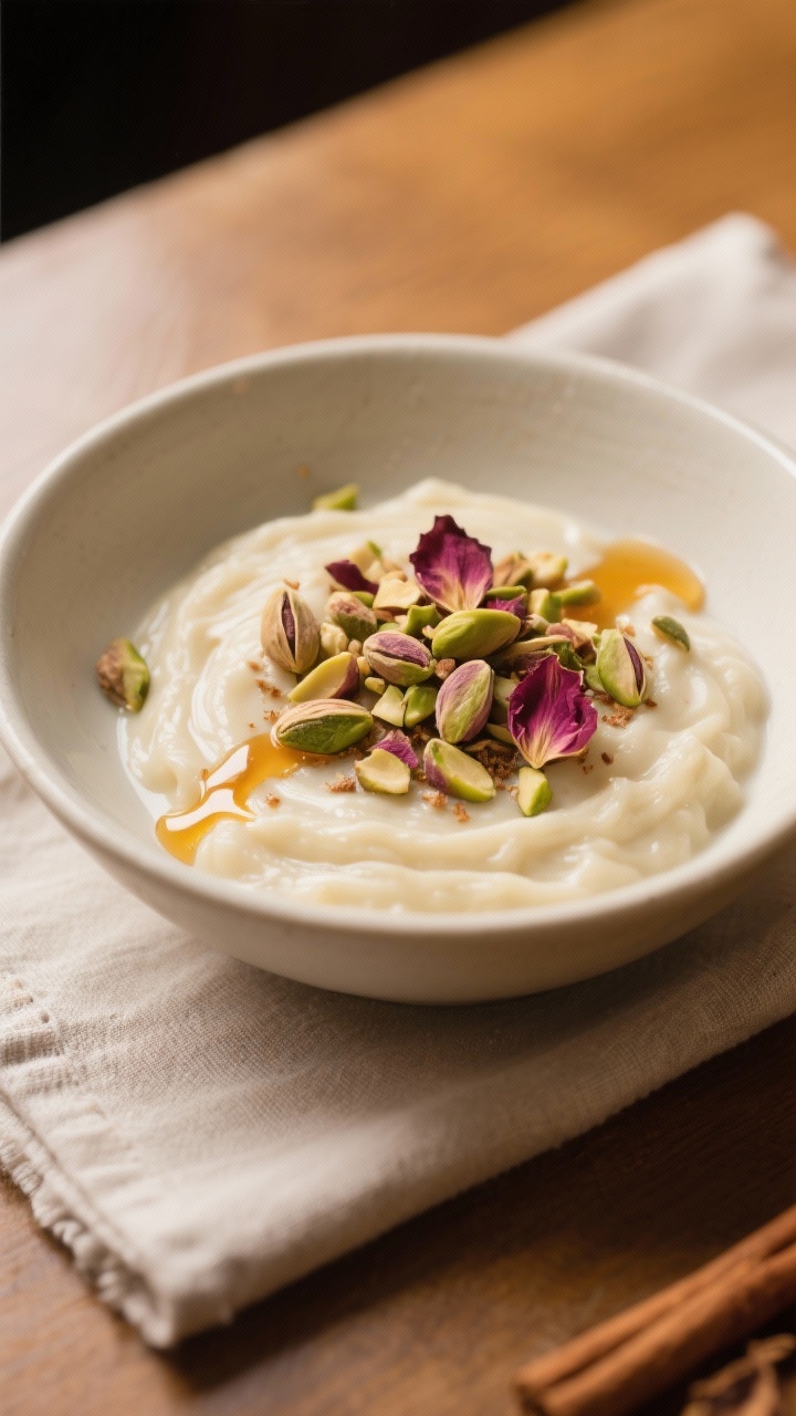 Final dish presentation: Elegantly plated Warmer Kardamom-Hirsepudding with pistachien & Rosenaroma 