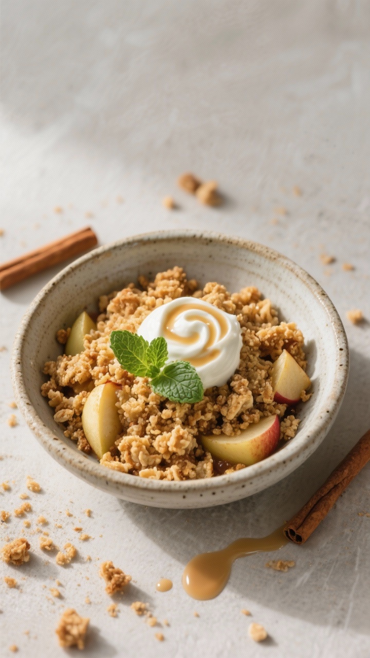 Final dish, tasty top view: Overhead shot of a portioned Ayurvedic apple crumble in a shallow stonew