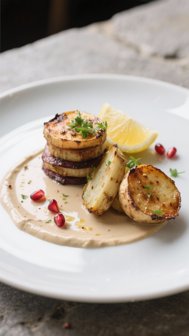 Final Plate, Restaurant-Style: Elegant angerichtete Einzelportion gewürzten Ofen-Wurzelgemüses –