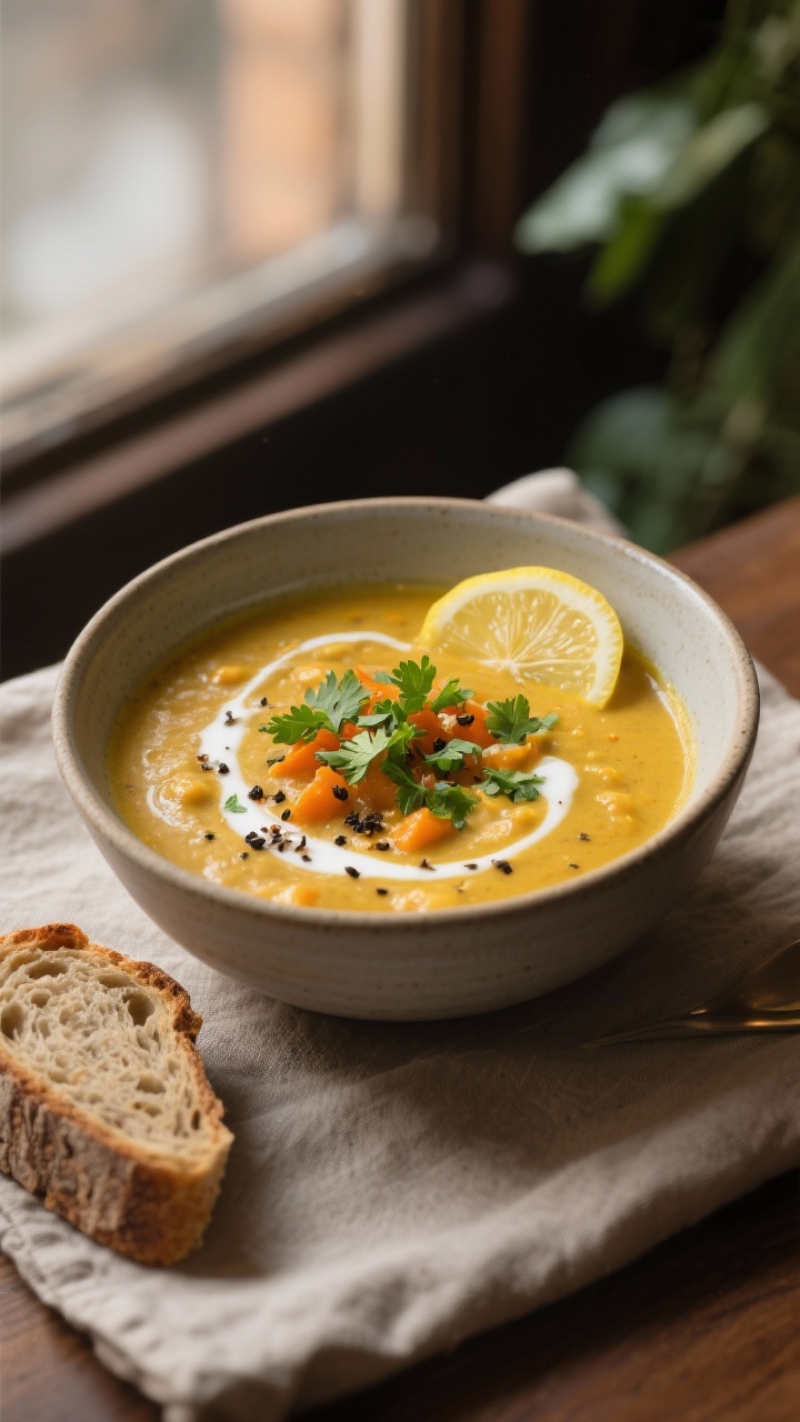 Final plated bowl, cozy evening vibe: A beautifully plated bowl of creamy winterliche Ayurveda Suppe