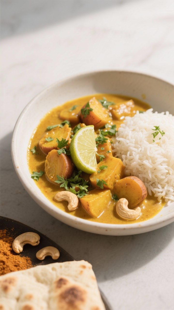 Final plated dish, hero shot: Beautifully plated Wurzelgemüse-Curry in a deep, off-white bowl—sil