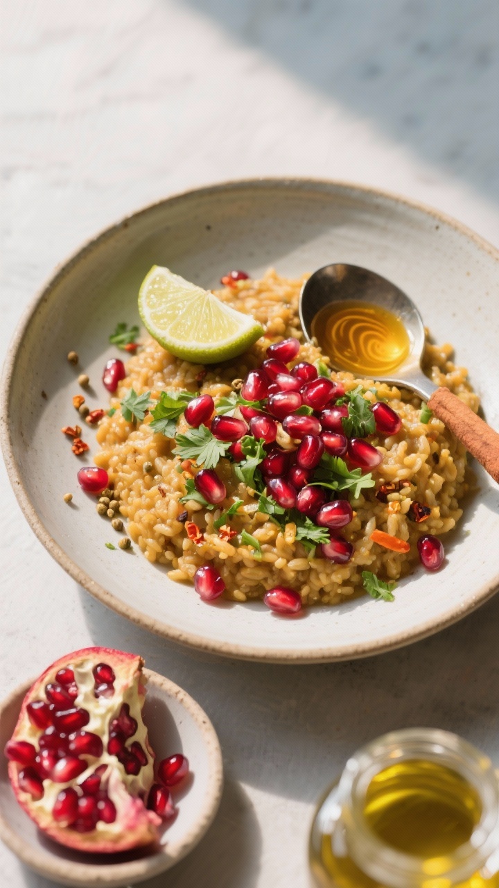 Final plated dish: Restaurant-quality presentation of Ayurvedischer Winter-Kitchari in a wide, shall